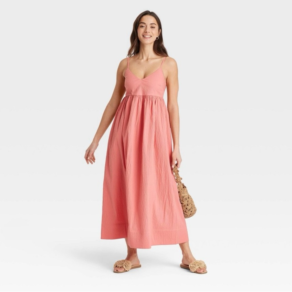 A New Day Women’s Seersucker Maxi A-Line Dress — Coral — Medium